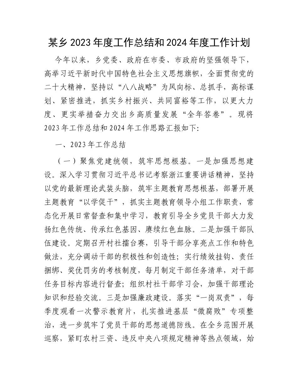 某乡2023年度工作总结和2024年度工作计划_第1页