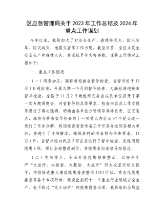 区应急管理局关于2023年工作总结及2024年重点工作谋划