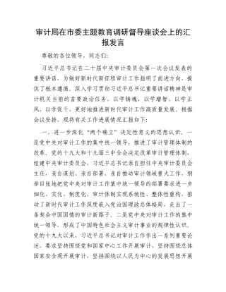 审计局在市委主题教育调研督导座谈会上的汇报发言