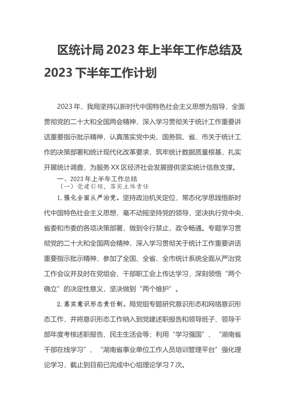 区统计局2023年上半年工作总结及2023下半年工作计划_第1页