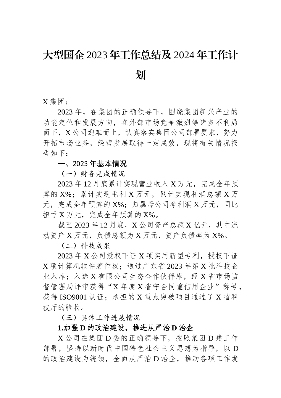 大型国企2023年工作总结及2024年工作计划_第1页