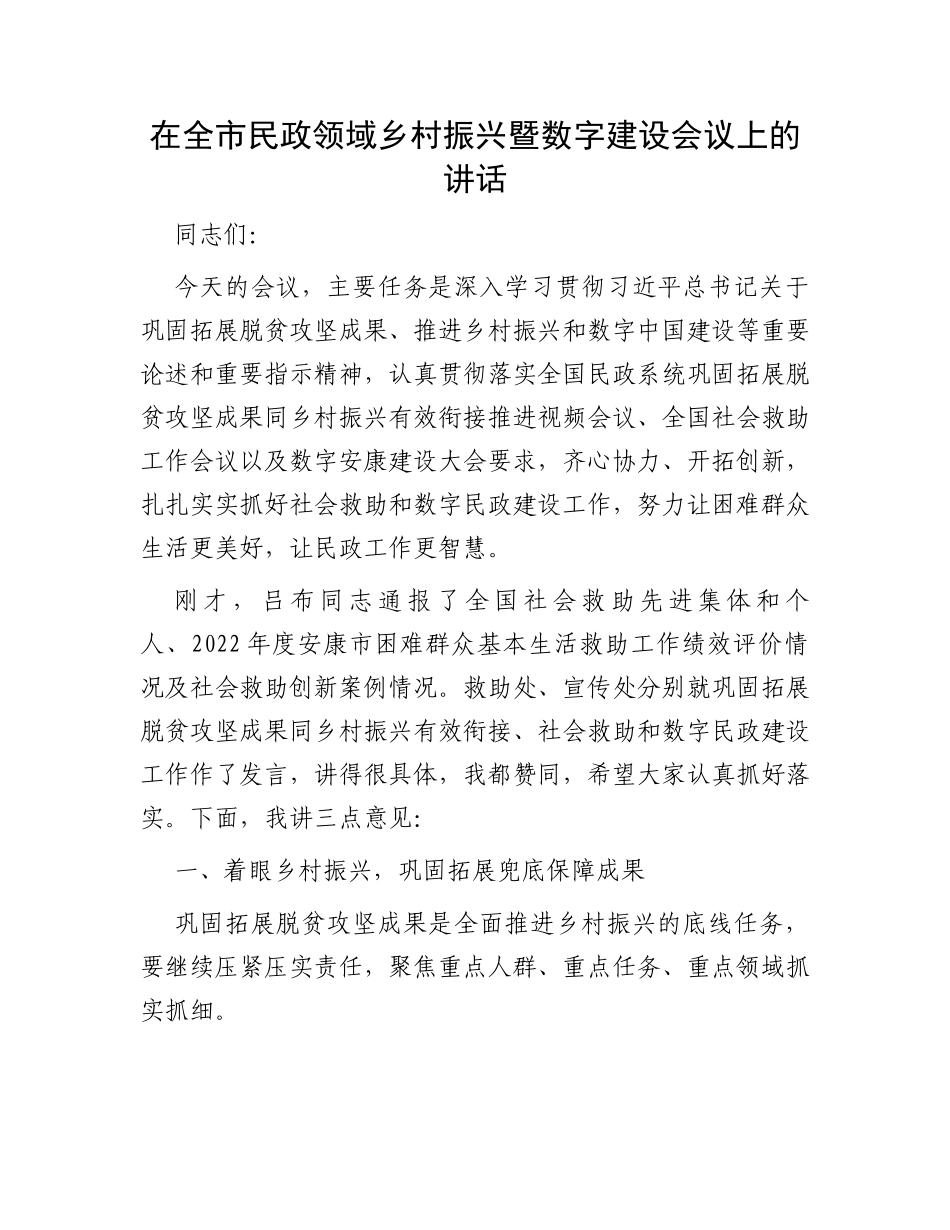 在全市民政领域乡村振兴暨数字建设会议上的讲话_第1页
