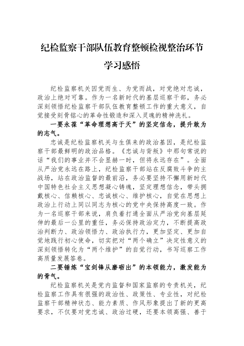 纪检监察干部队伍教育整顿检视整治环节学习感悟_第1页