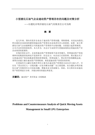 小型液化石油气企业速动资产管理中存在的问题及对策分析会计学专业