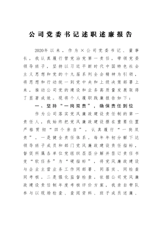 2020公司党委书记述职述廉报告