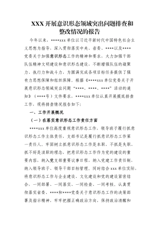XXX开展意识形态领域突出问题排查和整改情况的报告