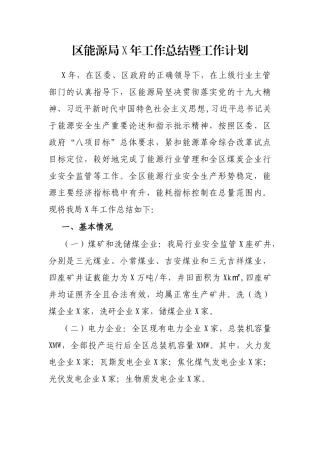 区能源局X年工作总结暨工作计划