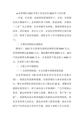 xx县供销社2021年度工作总结及2022年工作打算