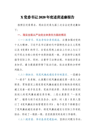 X党委书记2020年度述责述廉报告