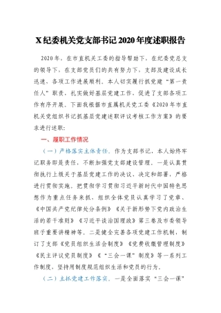 X纪委机关党支部书记2020年度述职报告