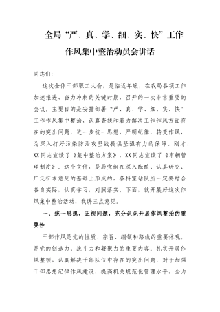 全局“严、真、学、细、实、快”工作作风集中整治动员会讲话 - 副本