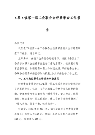X县X镇第一届工会联合会经费审查工作报告