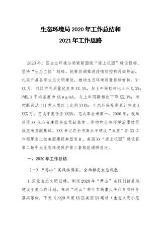 生态环境局 2020年工作总结和2021年工作思路