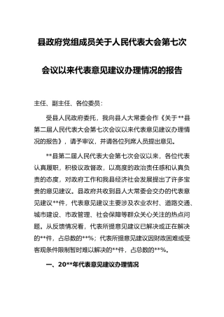 县政府党组成员关于人民代表大会第七次会议以来代表意见建议办理情况的报告
