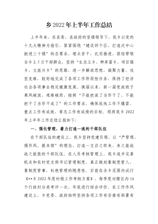 乡2022年上半年工作总结