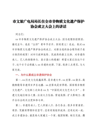 市文旅广电局局长在全市非物质文化遗产保护协会成立大会上的讲话