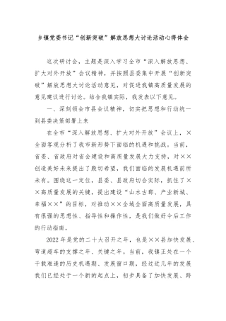 乡镇党委书记“创新突破”解放思想大讨论活动心得体会