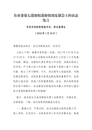 在市委第七巡察组巡察情况反馈会上的表态发言