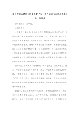 校长在纪念建团100周年暨“五·四”运动103周年表彰大会上的致辞