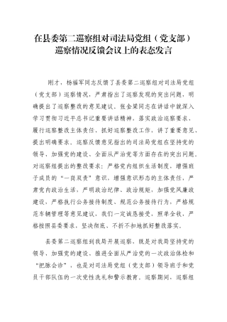 在县委第二巡察组对司法局党组（党支部）巡察情况反馈会议上的表态发言