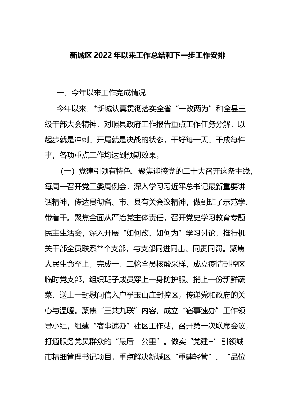 新城区2022年以来工作总结和下一步工作安排_第1页