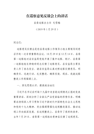 在巡察意见反馈会上的讲话
