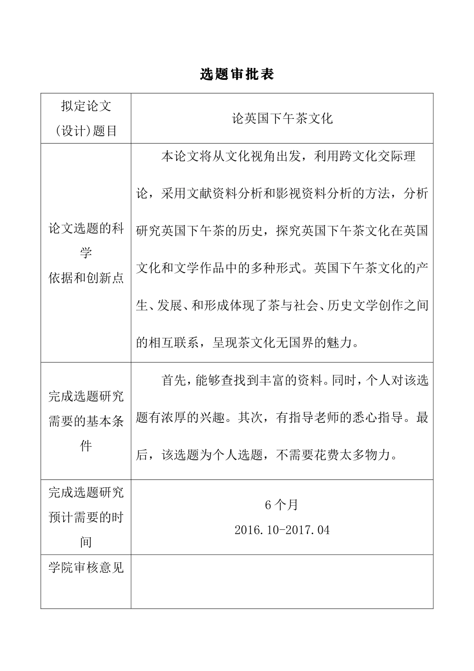 选题审批表 论英国下午茶文化分析研究_第1页