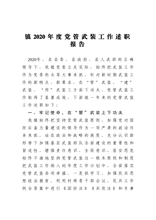 镇2020年度党管武装工作述职报告