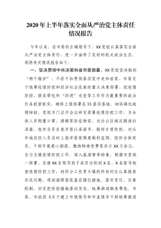 2020年上半年落实全面从严治党主体责任情况报告