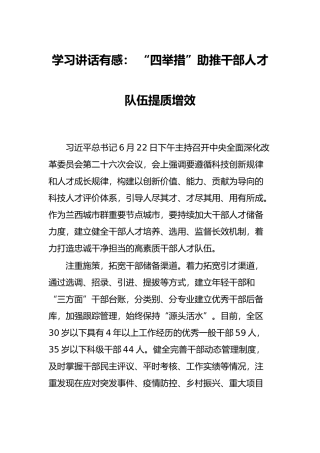 学习讲话有感： “四举措”助推干部人才队伍提质增效