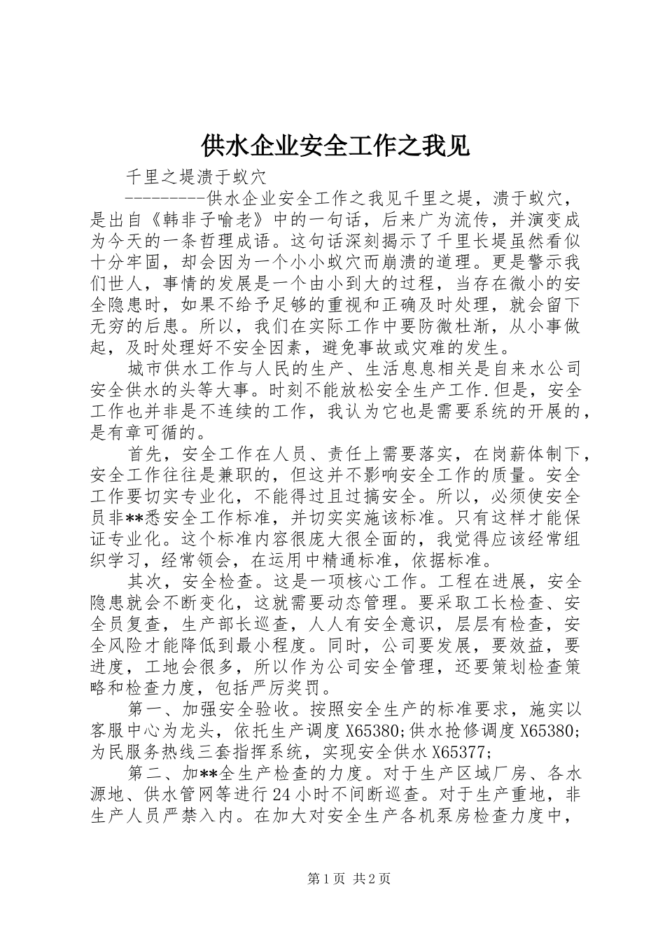 2024年供水企业安全工作之我见_第1页