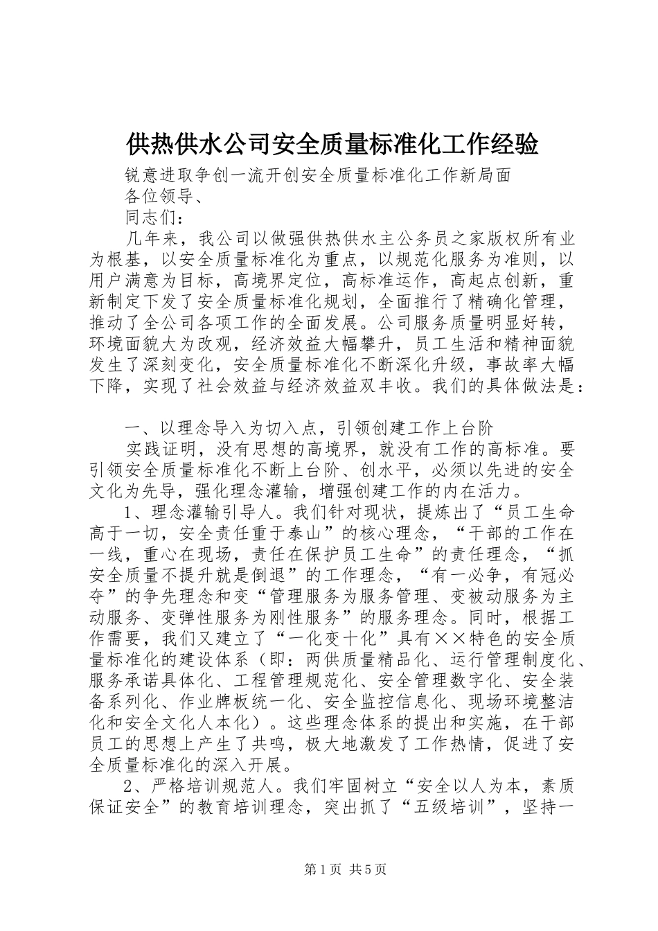 2024年供热供水公司安全质量标准化工作经验_第1页