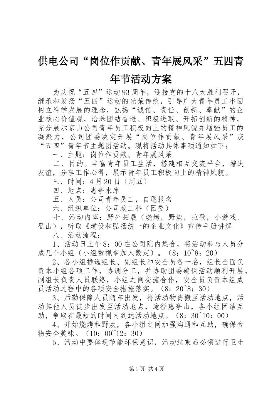 2024年供电公司岗位作贡献青年展风采五四青年节活动方案_第1页