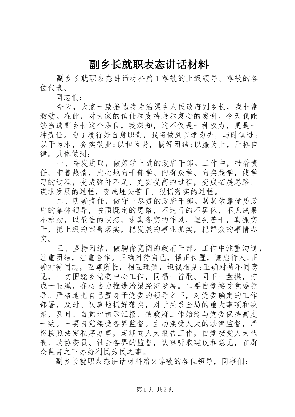 2024年副乡长就职表态致辞材料_第1页