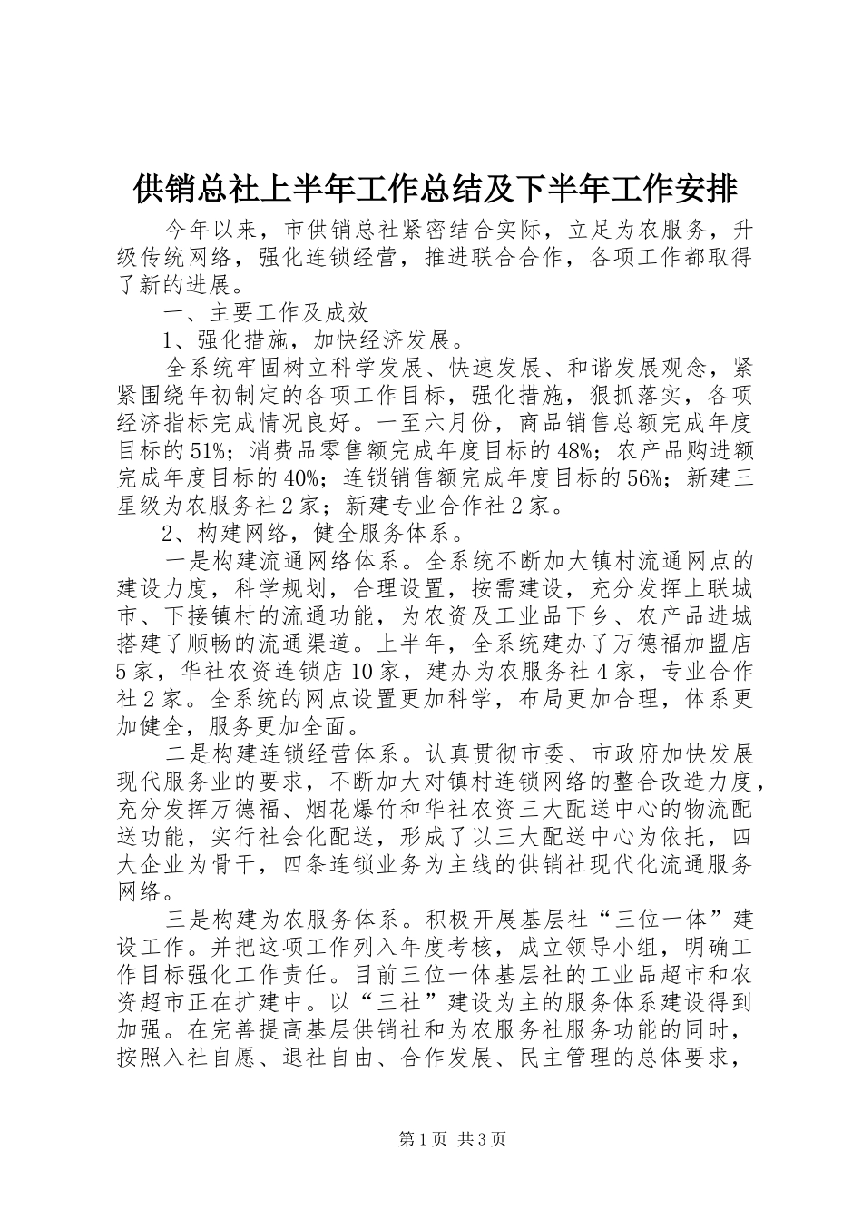 2024年供销总社上半年工作总结及下半年工作安排_第1页