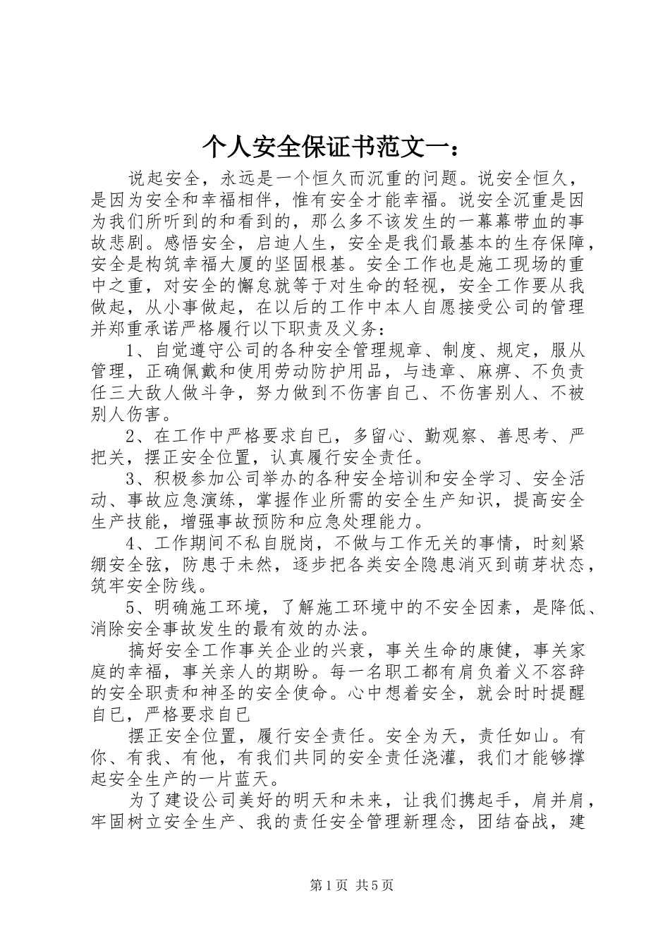 2024年个人安全保证书范文一_第1页