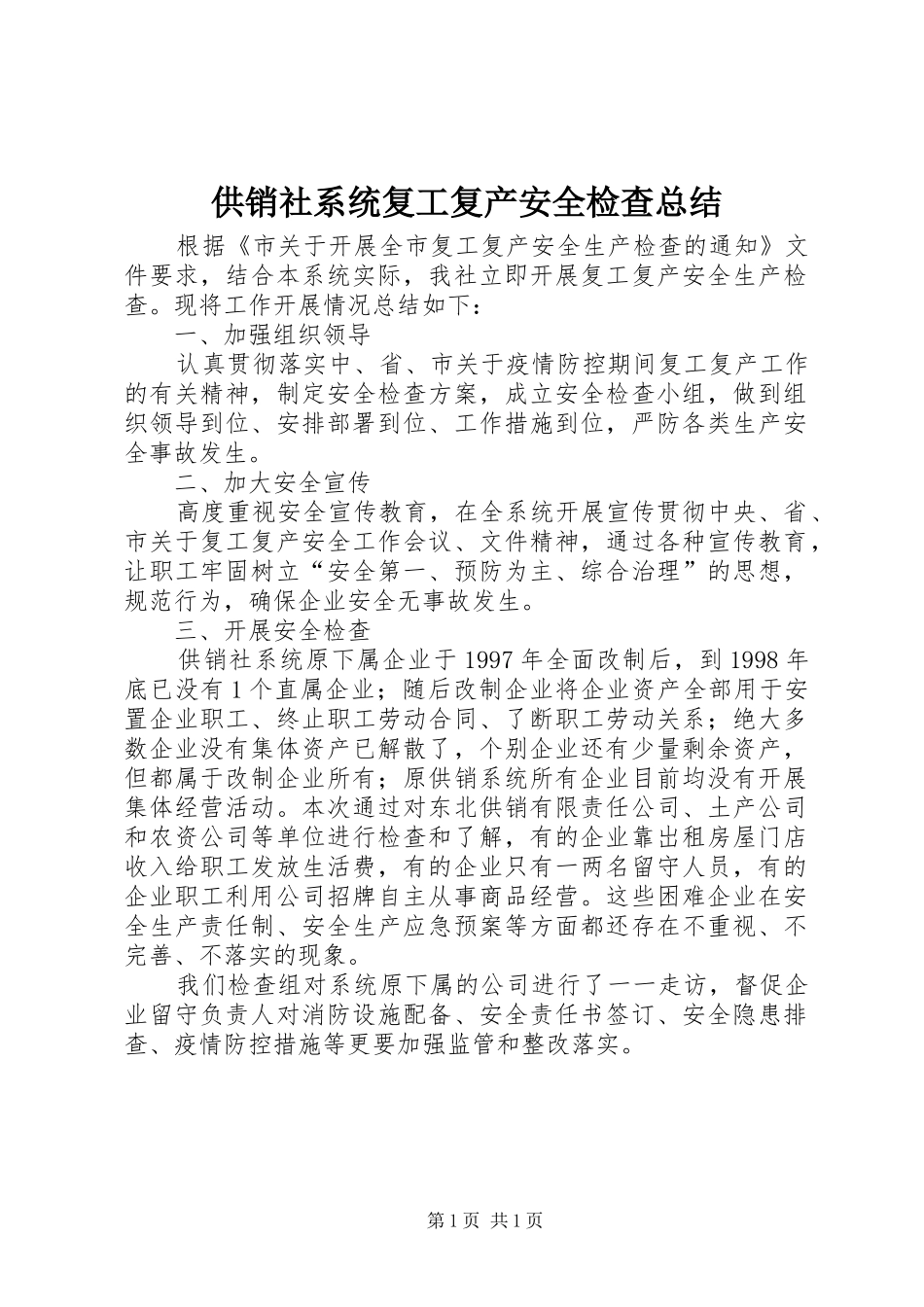 2024年供销社系统复工复产安全检查总结_第1页