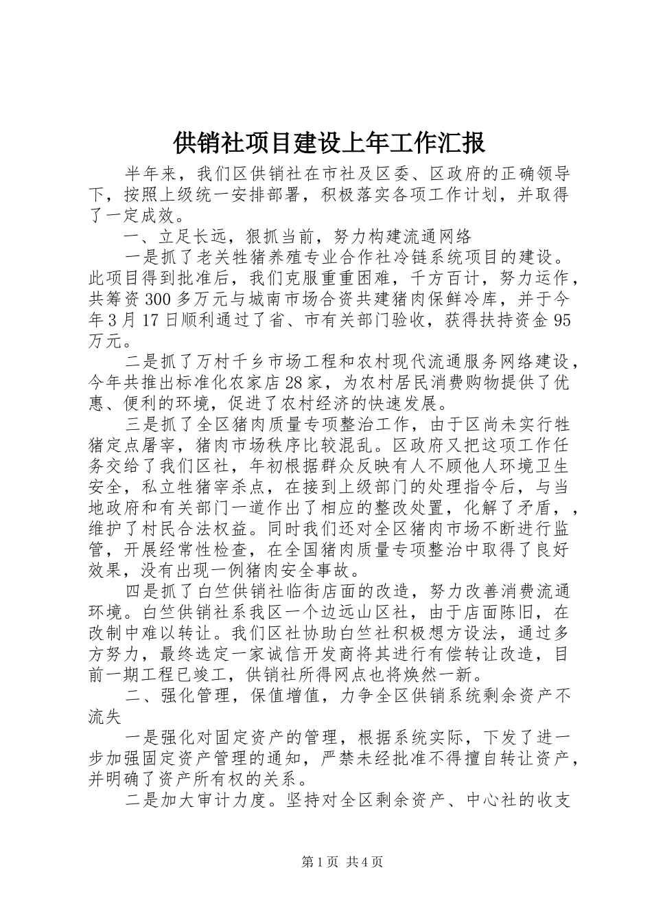 2024年供销社项目建设上年工作汇报_第1页