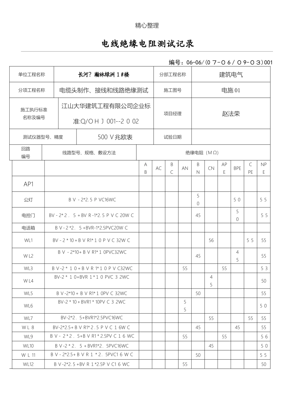 2024年电线绝缘电阻测试记录_第1页