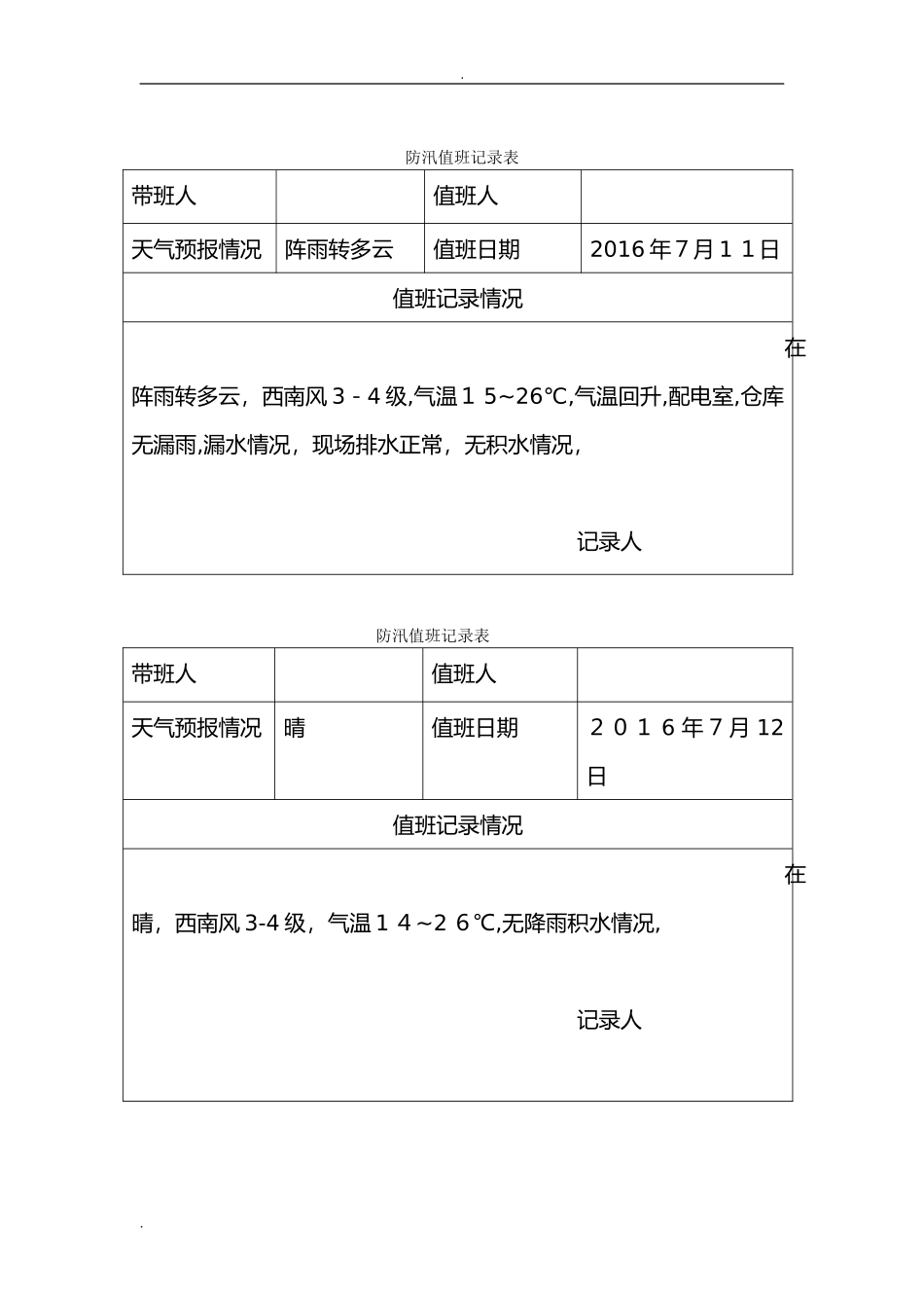 2024年防汛值班记录表_第1页
