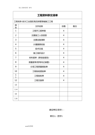 2024年工程资料移交清单