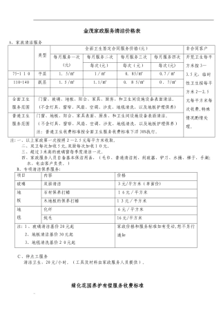 2024年家政服务清洁价格表