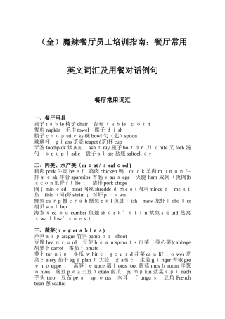 2024年魔辣餐厅员工培训指南餐厅常用英文词汇及用餐对话例句