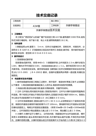2024年外脚手架搭设技术交底记录大全