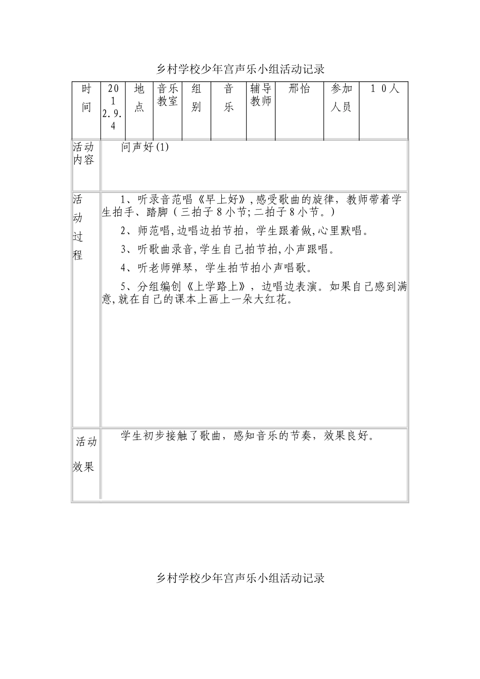 2024年乡村少年宫活动音乐小组记录_第1页