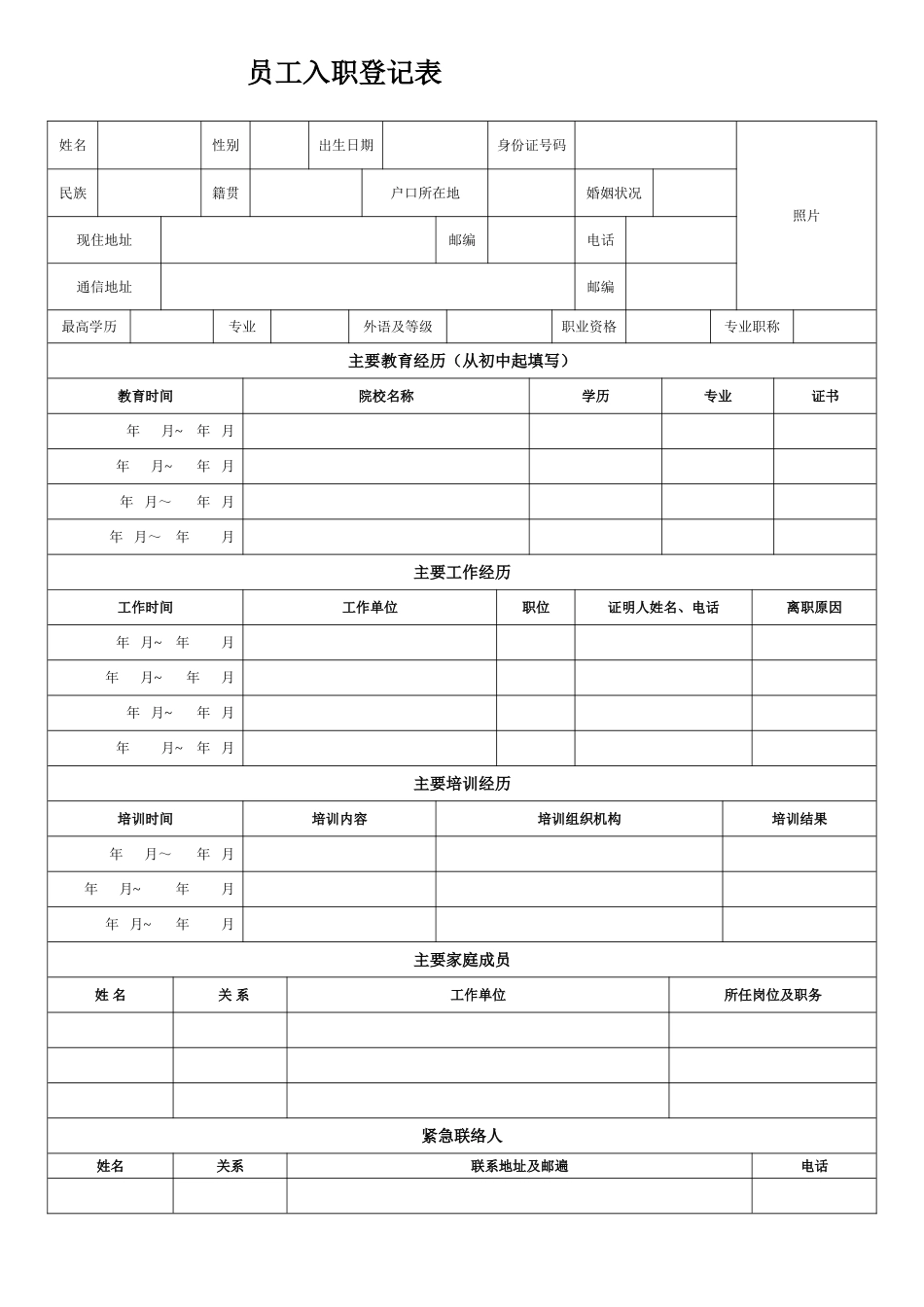 2024年员工入职登记表正式表_第1页