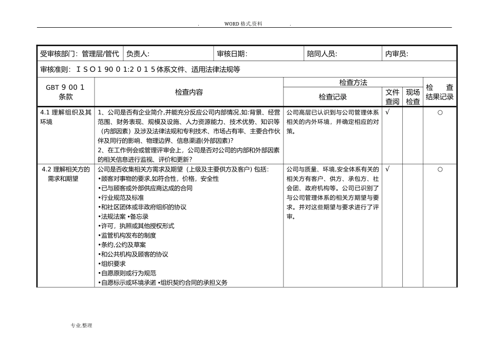 2024年质量管理体系内审检查表_第1页