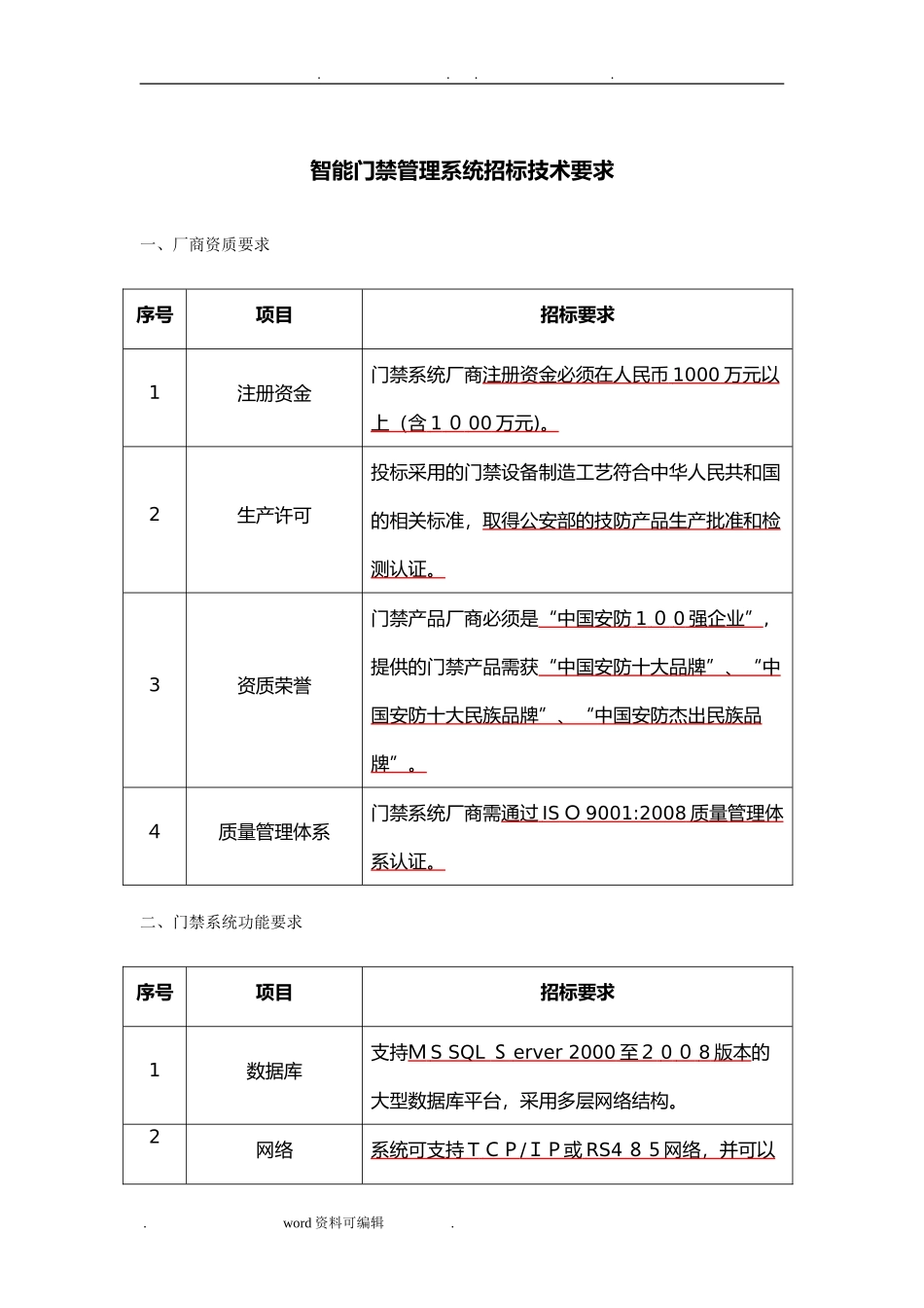 2024年智能门禁系统招标技术要求内容_第1页
