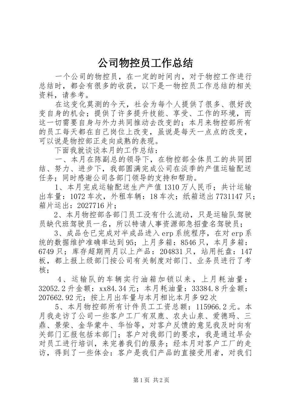 2024年公司物控员工作总结_第1页