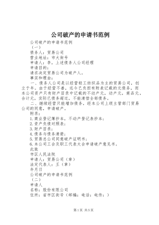 2024年公司破产的申请书范例
